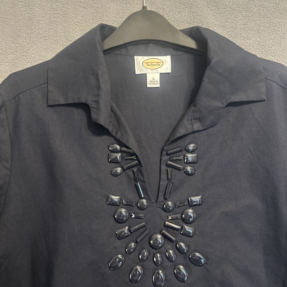 Talbots Linen Cotton‎ Tunic Top Size L Navy Embellished Coastal Beaded Resort